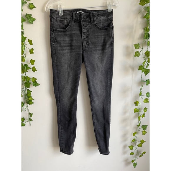 Express Denim - 🌿 Express High-Waisted Button-Up Black “Denim Perfect Lift Ankle Legging” Jeans